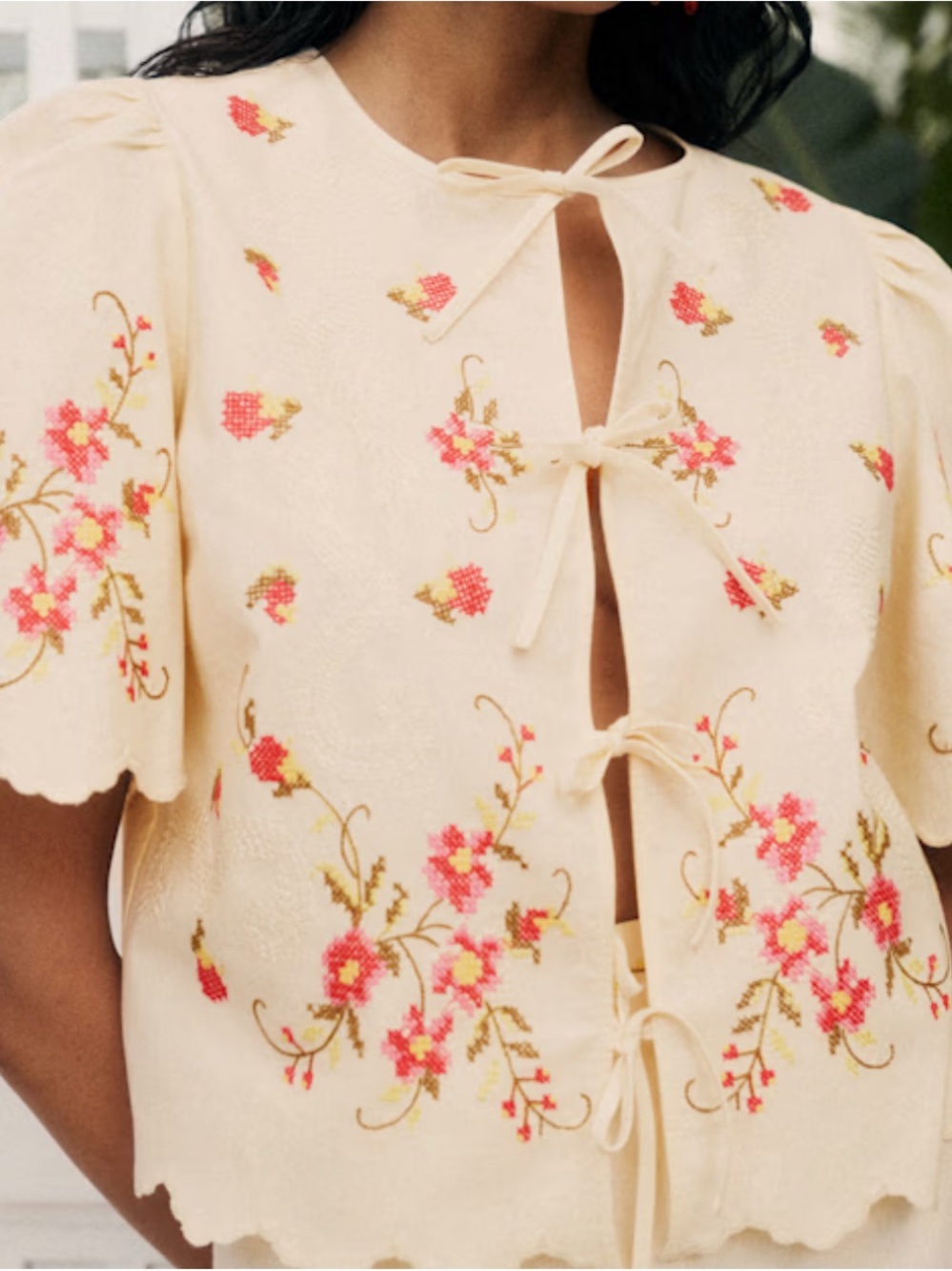 Sezane Cream Tie-Front Embroidered Floral Blouse